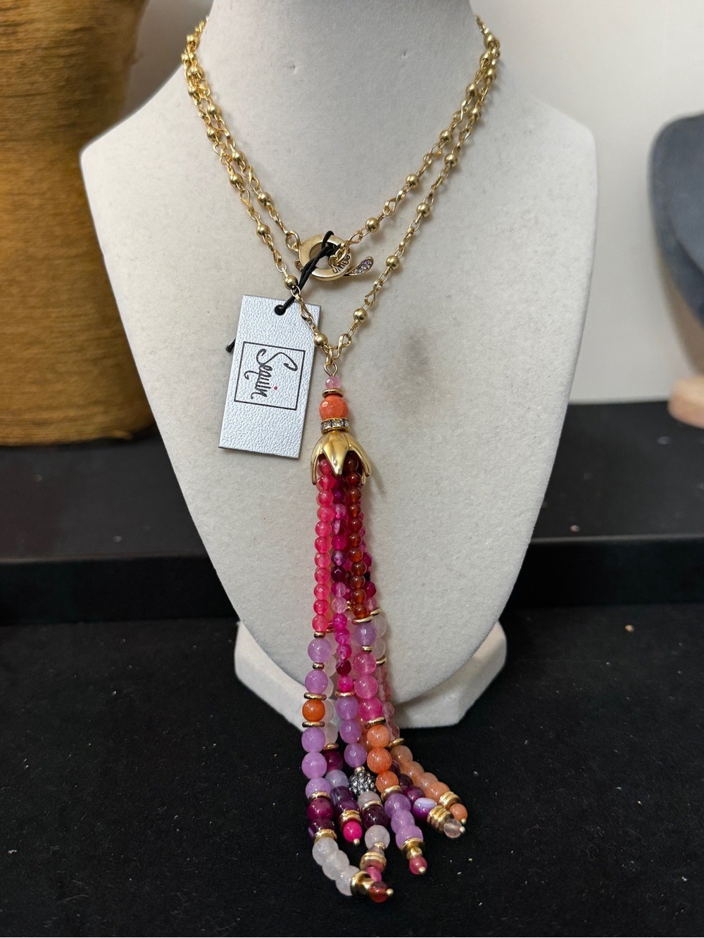 Gold-Tone Multi-Strand Tassel Necklace with Pink & Purple Beads